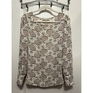 LOFT Floral Blouson Long Sleeve Blouse Top Pink Cream Square Neck Size Small